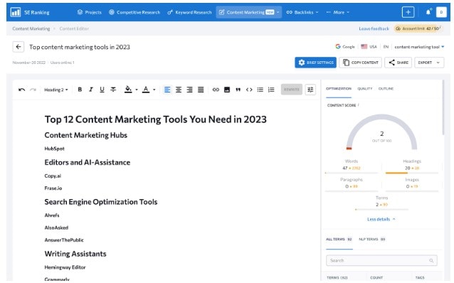 SE Ranking Content Marketing Tool Review 2022